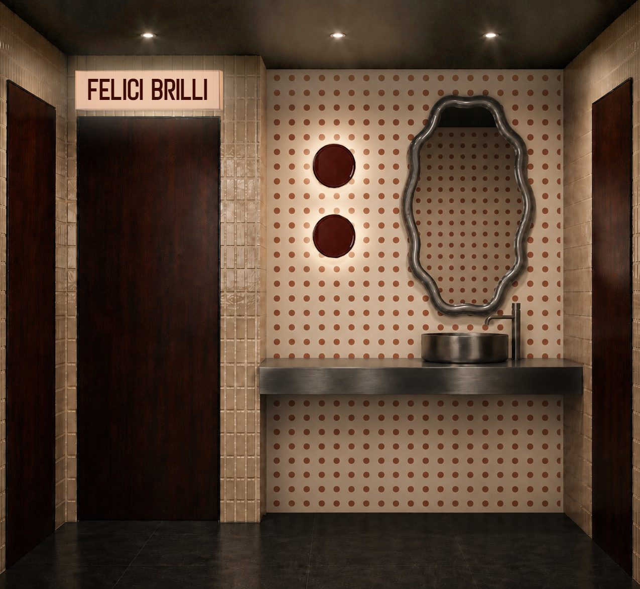 Il bagno con l'insegna «Felici brilli»