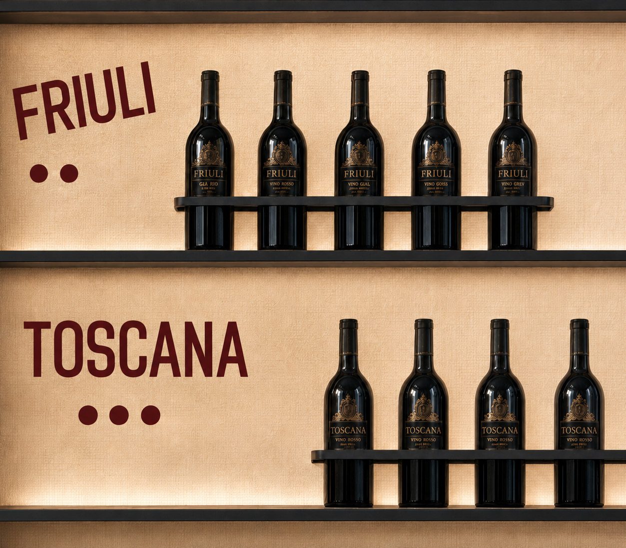 Ripiani di bottiglie con le insegne Friuli e Toscana
