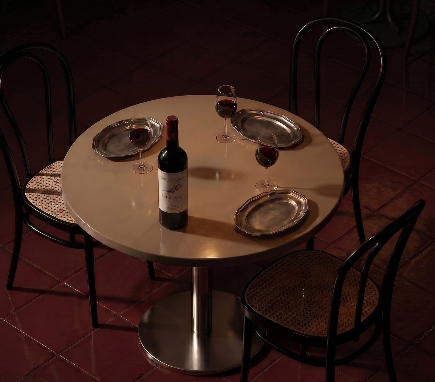 Tavolo di marmo con piatti di peltro e una bottiglia